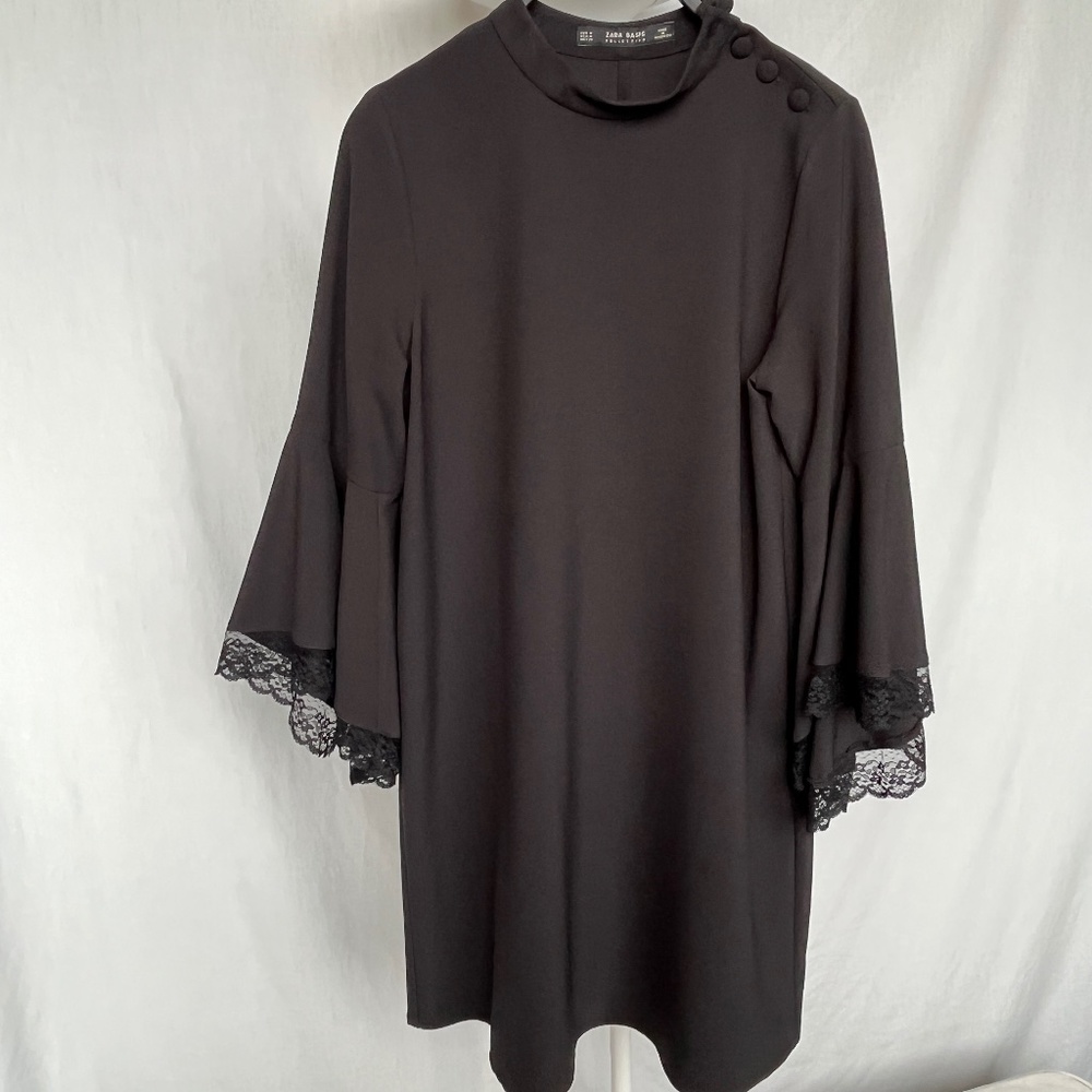 Zara (M) black button-neck dress, with flowy lace sleeves.